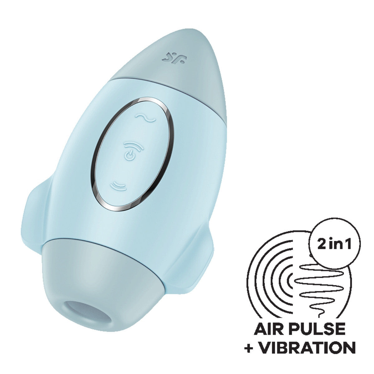 Light blue electronic device with air pulse and vibration features on a white background