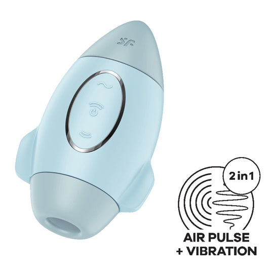 Light blue electronic device with air pulse and vibration features on a white background