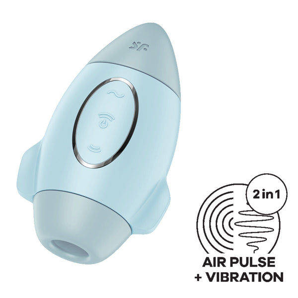Light blue electronic device with air pulse and vibration features on a white background