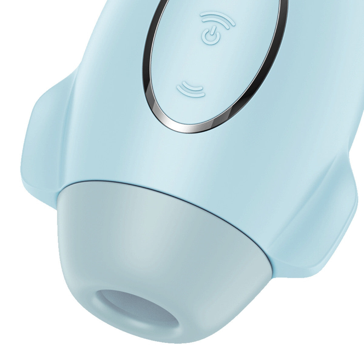 Light blue electronic device with a circular button on a white background