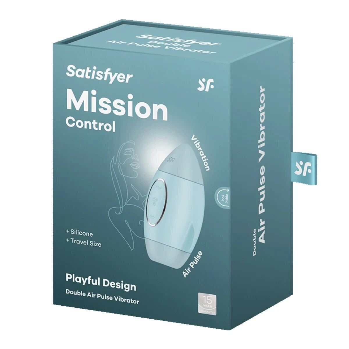 Satisfyer Mission Control double air pulse vibrator packaging on a white background