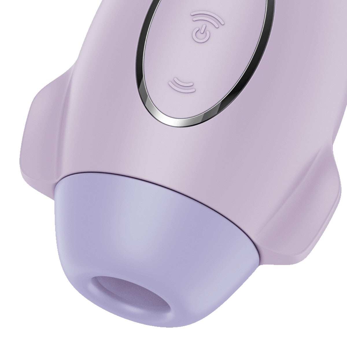 Close-up of a purple electronic device with a button on a white background