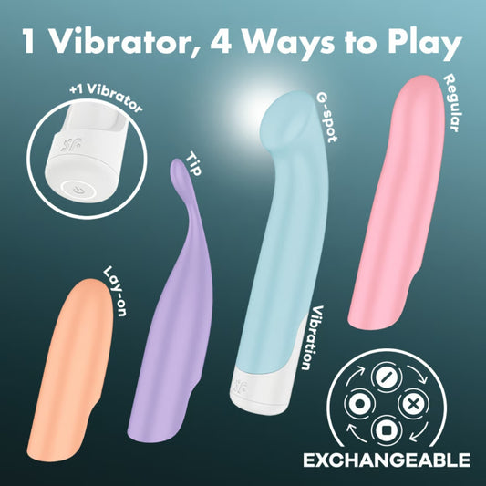 Set of interchangeable vibrators with labeled parts on a dark background