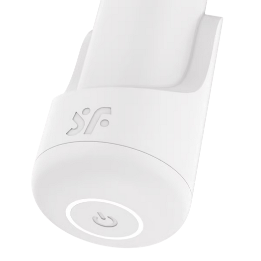 White electronic device with a power symbol on a white background