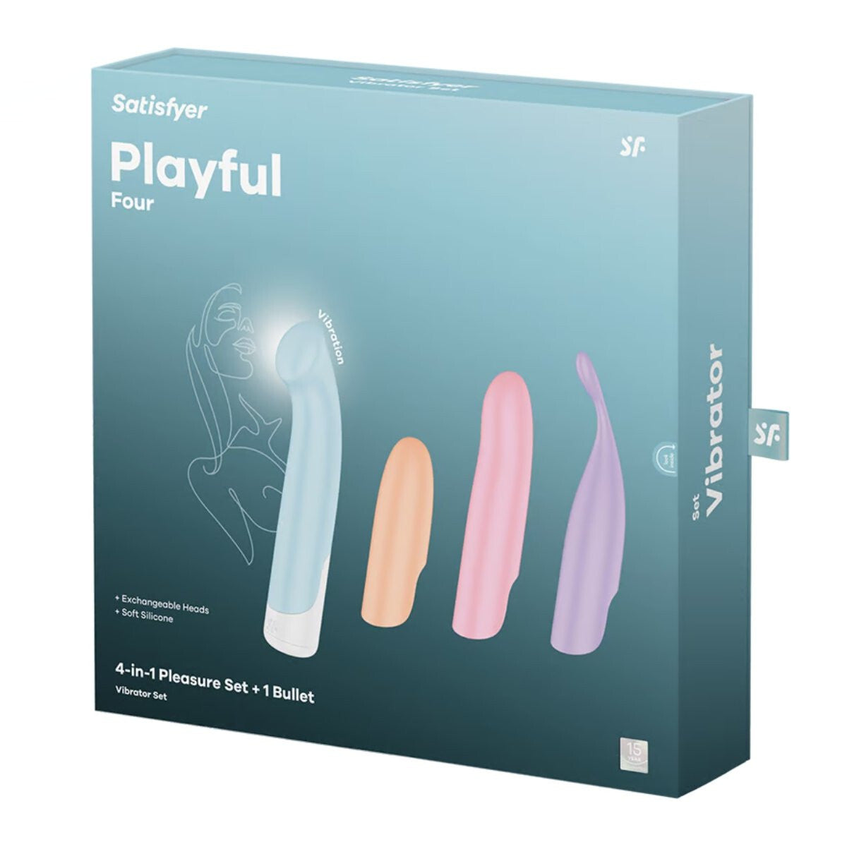 Satisfyer Playful Four vibrator packaging with product images on a light blue background