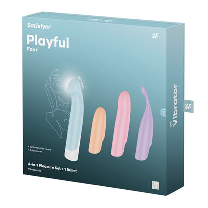Satisfyer Playful Four vibrator packaging with product images on a light blue background