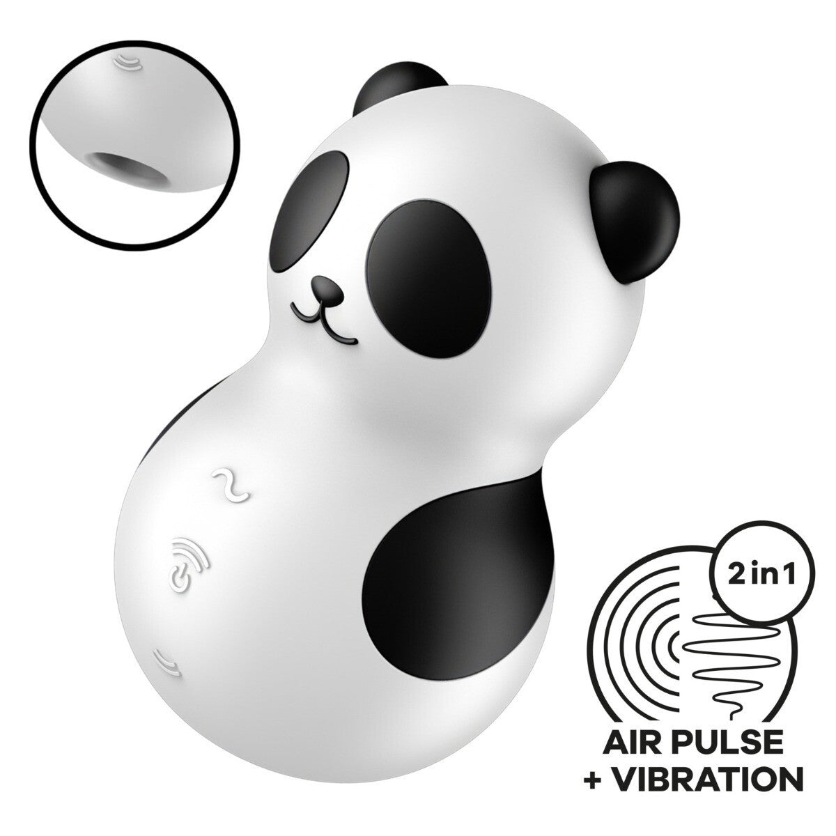 Panda-shaped device with air pulse and vibration features on a white background