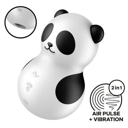 Panda-shaped device with air pulse and vibration features on a white background