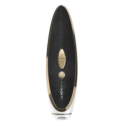 Black textured device with gold accents on a white background