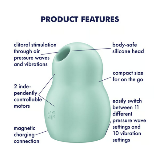 Mint green silicone device with labeled features on a white background
