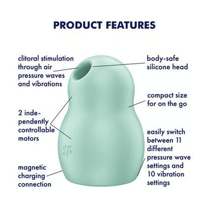 Mint green silicone device with labeled features on a white background