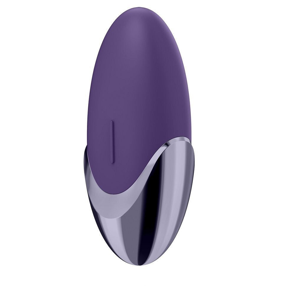 Purple and silver oval-shaped object on a white background