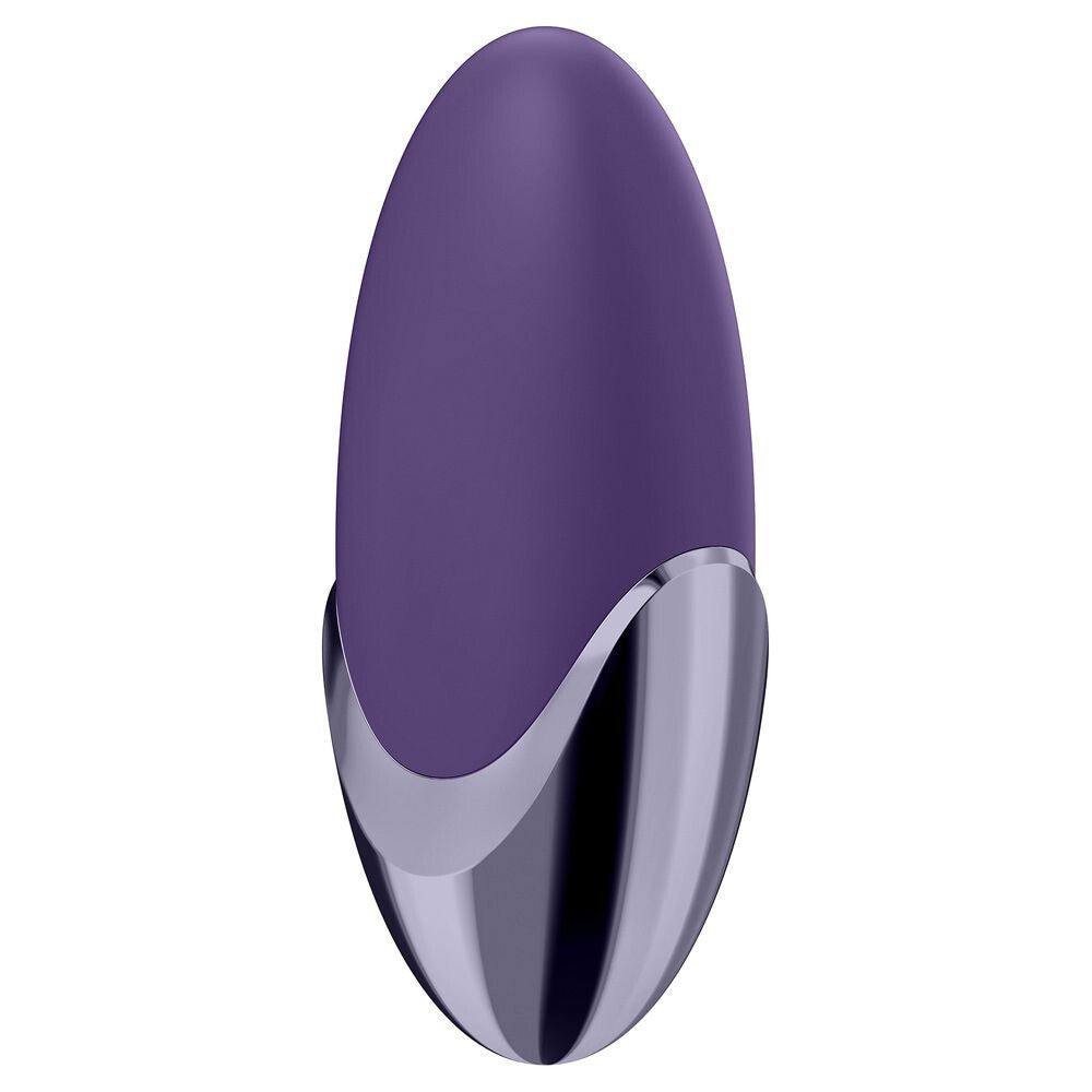 Purple and silver oval-shaped object on a white background