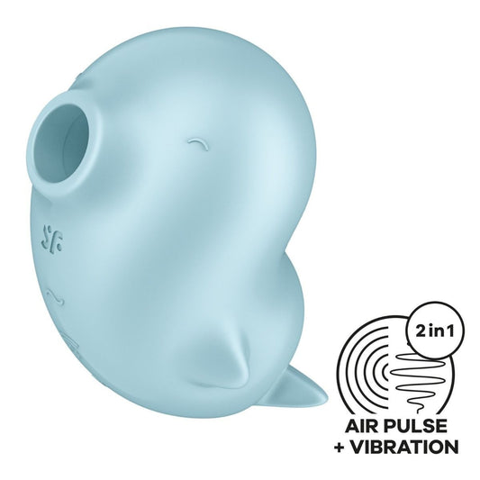 Light blue silicone massager shaped like a whale with '2in1' air pulse and vibration symbols on a white background.