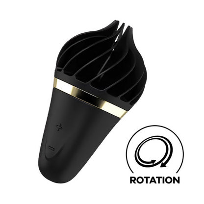 Black and gold Satisfyer with rotation symbol on a white background