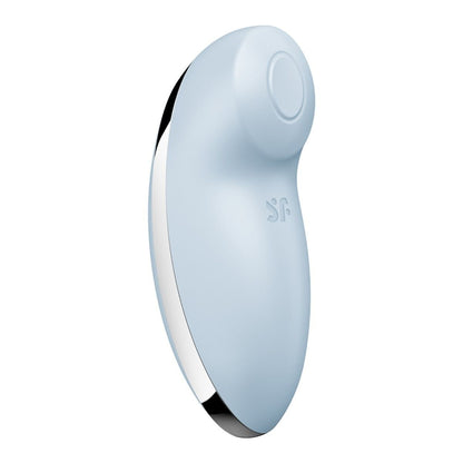 Light blue electronic device with a brand logo on a white background