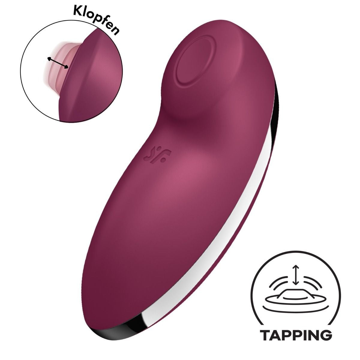 Purple handheld device with 'Klopfen' and 'Tapping' icons on a white background