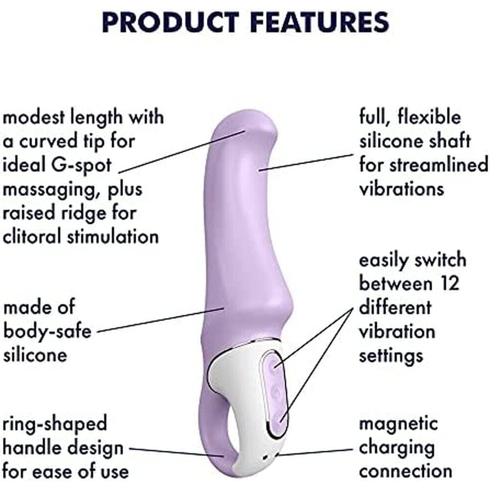 Purple and white device with text detailing its features on a white background
