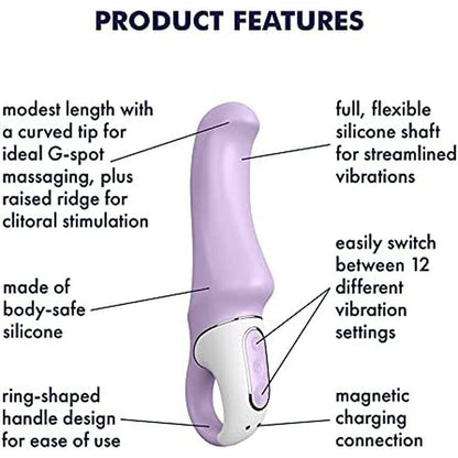 Purple and white device with text detailing its features on a white background