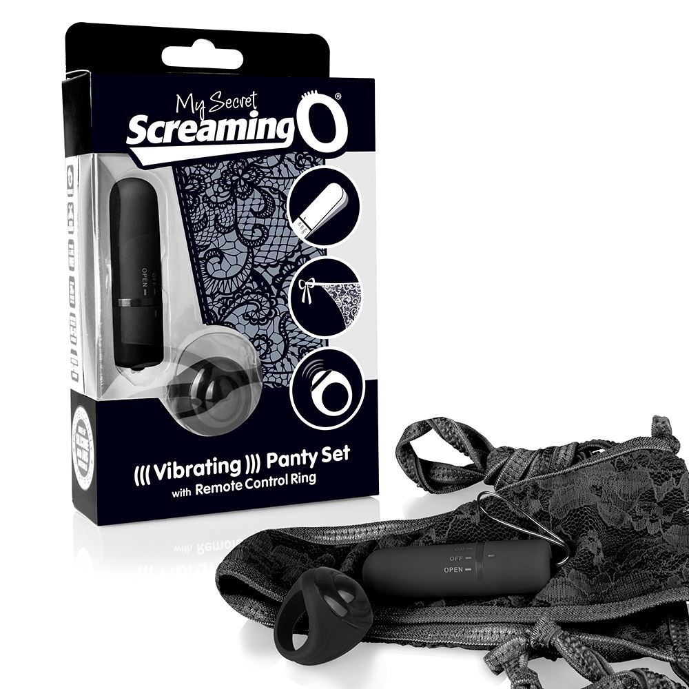 Screaming O product packaging with remote control ring and black lace panties on a white background