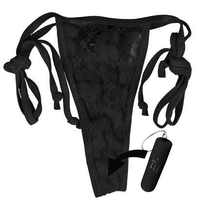 Black lace thong with adjustable straps and a remote control on a white background