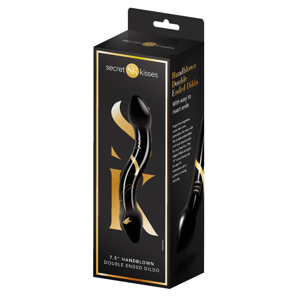 Black packaging of a handblown double-ended dildo with 'secret kisses' branding on a white background.