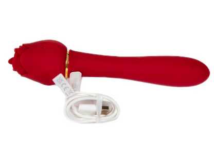 Red electronic vibrator with a white cable on a white background