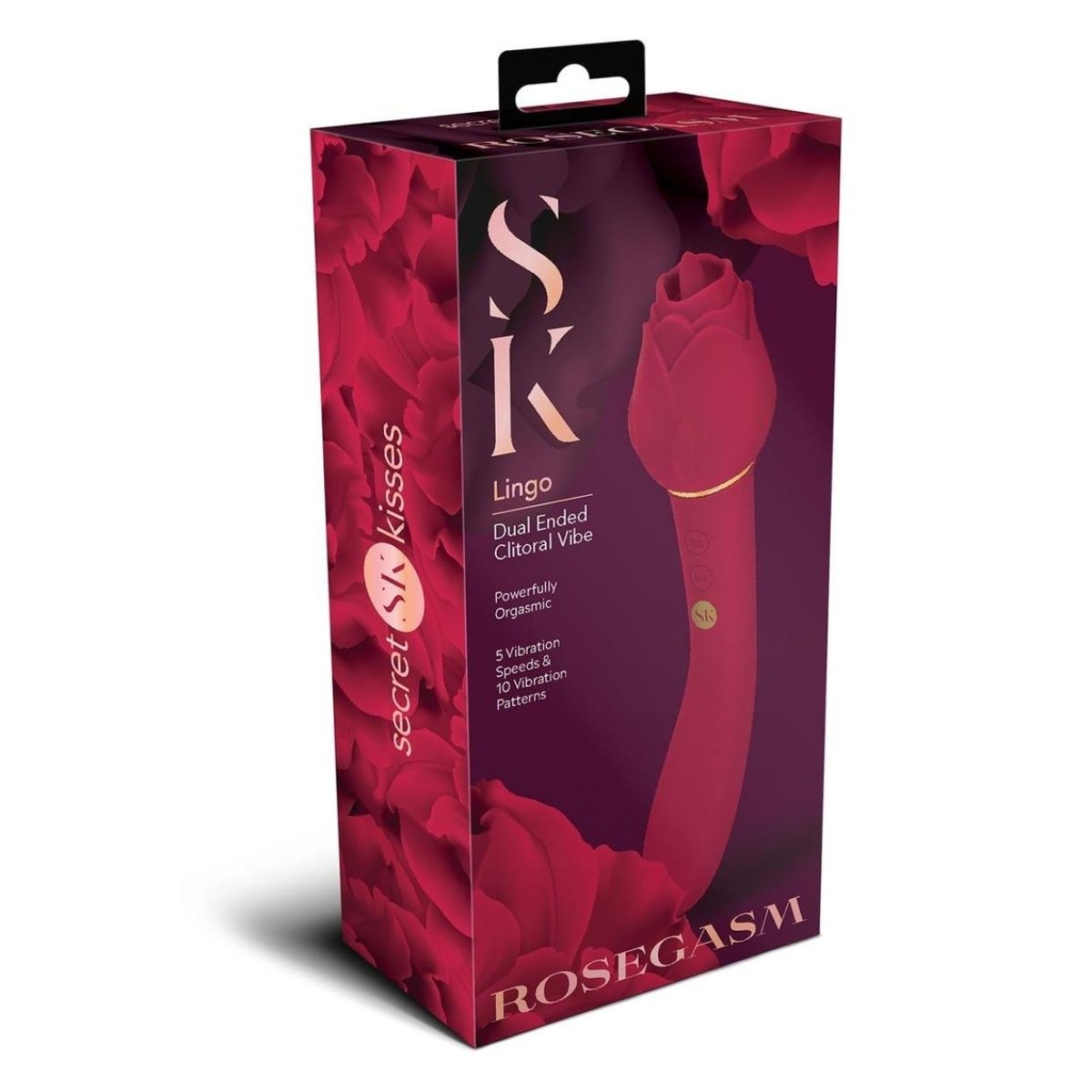 Box of a dual-ended clitoral vibe with 'Secret Kisses' branding on a white background