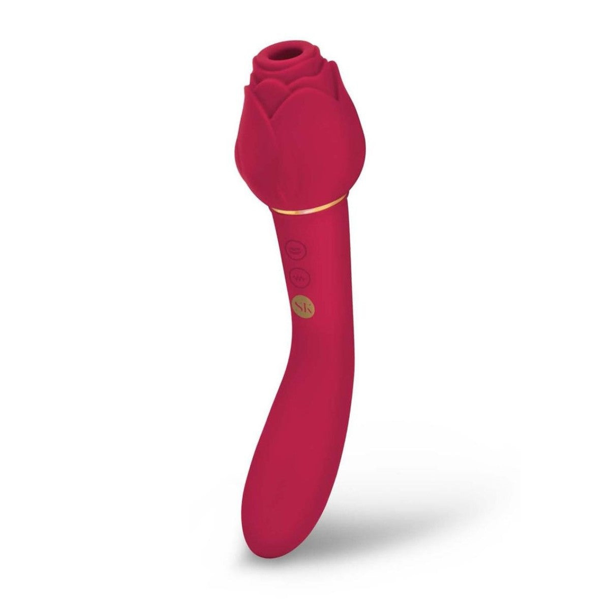 Red silicone rose-shaped massager on a white background
