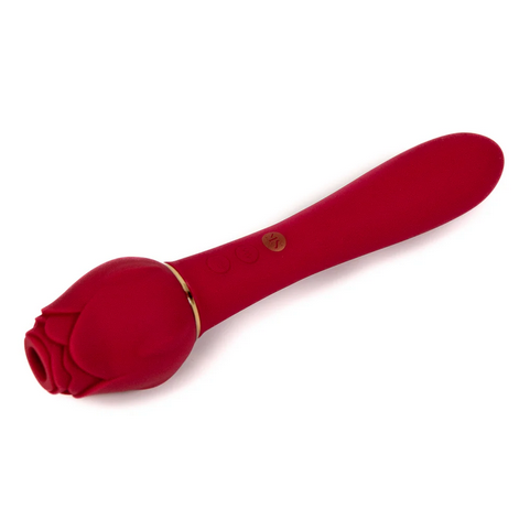 Red rose-shaped vibrator with a gold band on a white background