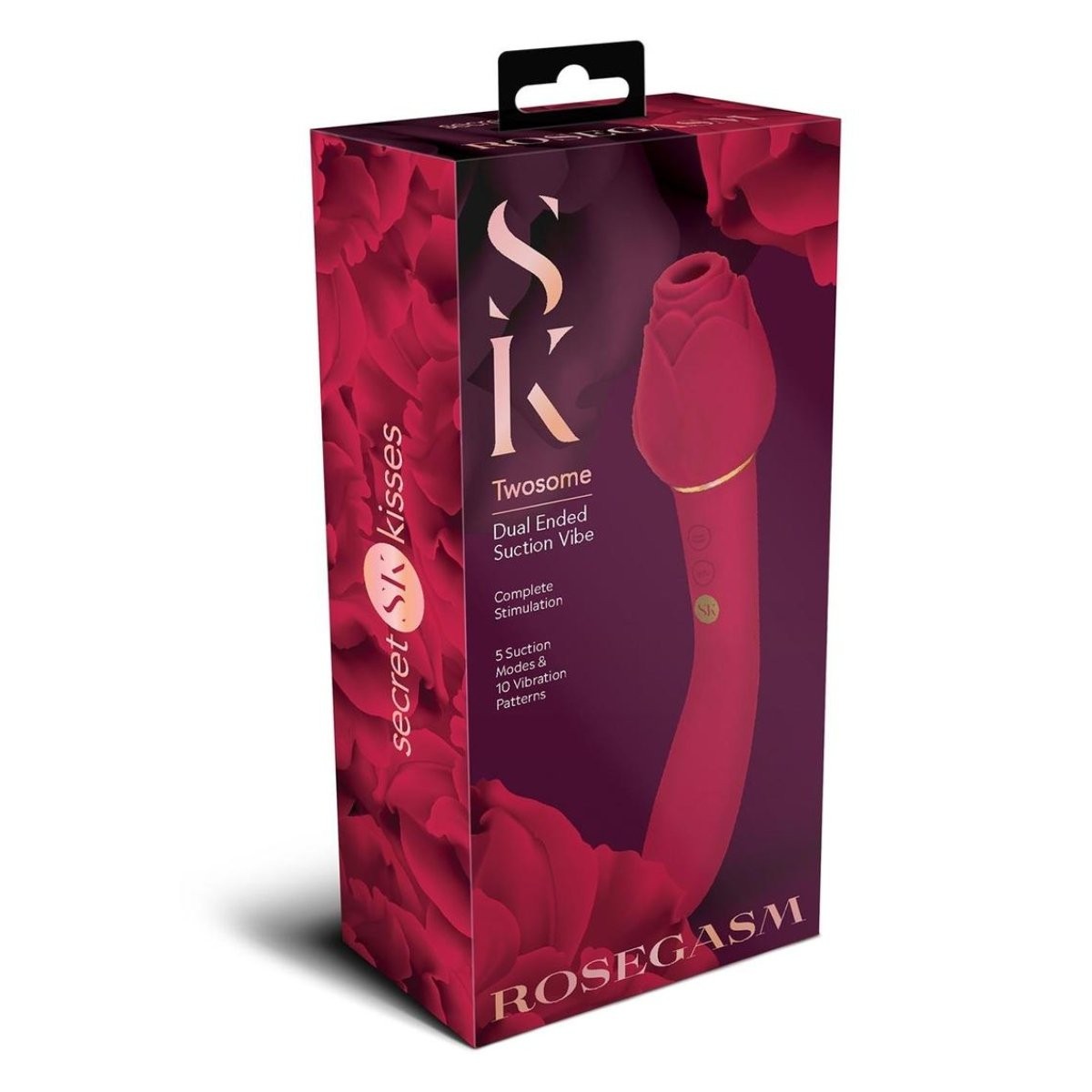 Box of 'Secret Kisses' twosome dual-ended suction vibe with red design on a white background