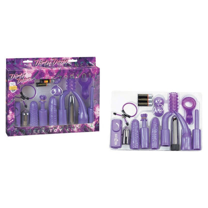 Purple sex toy kit with packaging on a white background
