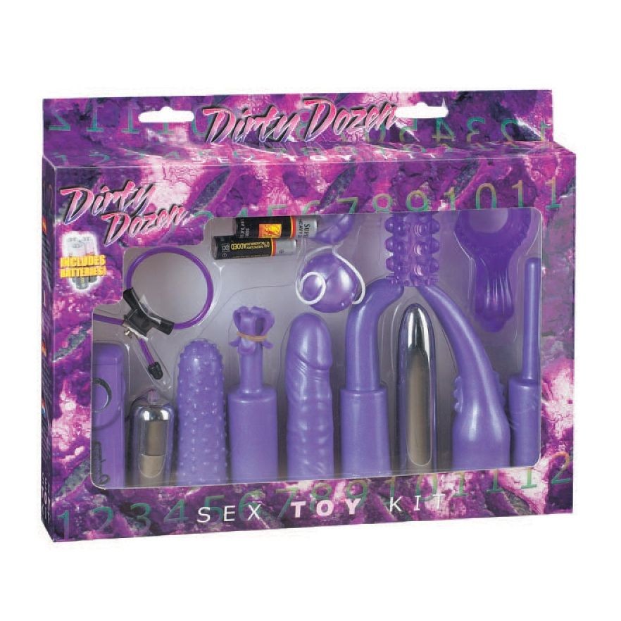 Sex toy kit packaging with purple toys on a colorful background