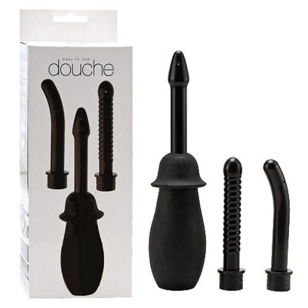 Black silicone anal douche set with packaging on a white background