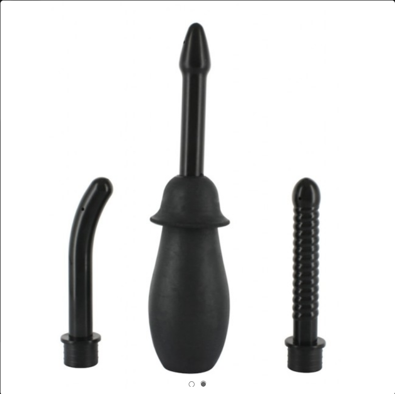 Three black anal douche attachmets on a white background