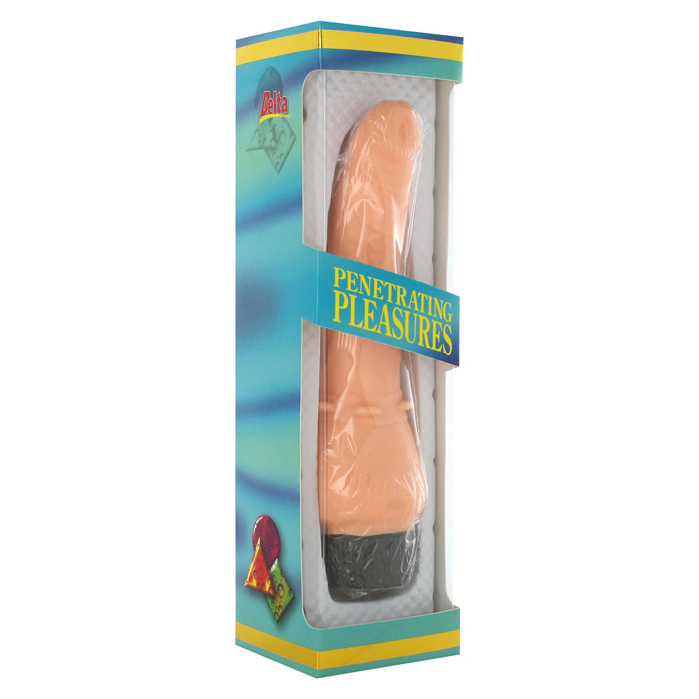 Sexual product in packaging with 'Penetrating Pleasures' text on a white background
