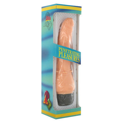 Sexual product in packaging with 'Penetrating Pleasures' text on a white background