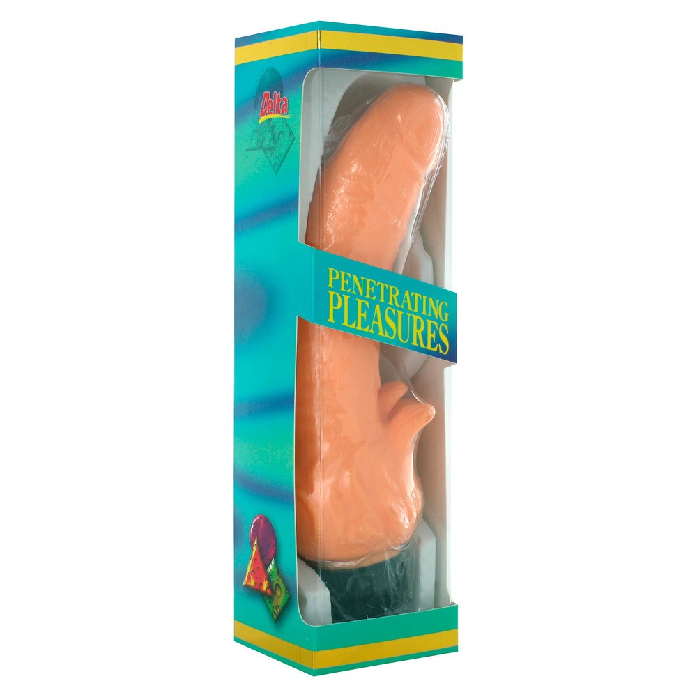 Sexual product packaging with 'Penetrating Pleasures' text on a white background