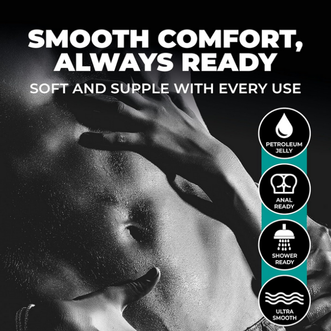 Advertisement for a personal care product with text 'Smooth Comfort, Always Ready' and icons indicating product features.