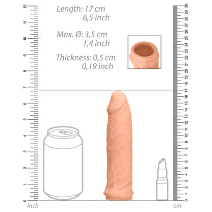 Shots Toys RealRock Skin 6 Inch Penis Sleeve Extender Light measurements on a white background