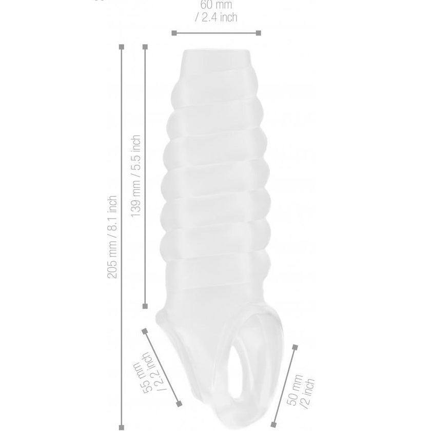 Shots Toys Sono No.21 Stretchy Thick Ribbed Penis Sleeve Extender measurements on a white background