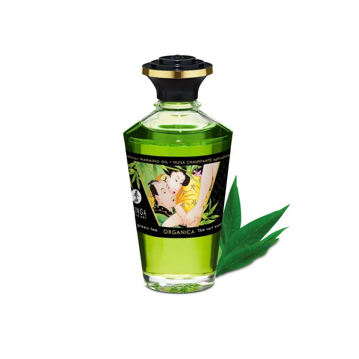 Green bottle with label featuring Asian art on a white background