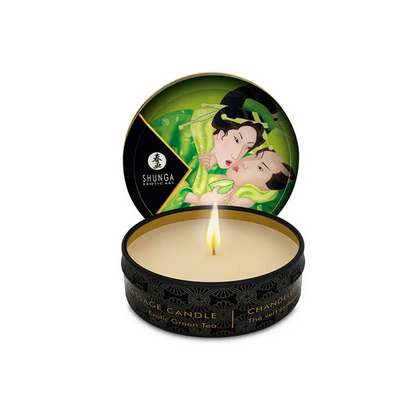 Shunga massage candle with green tea scent on a white background