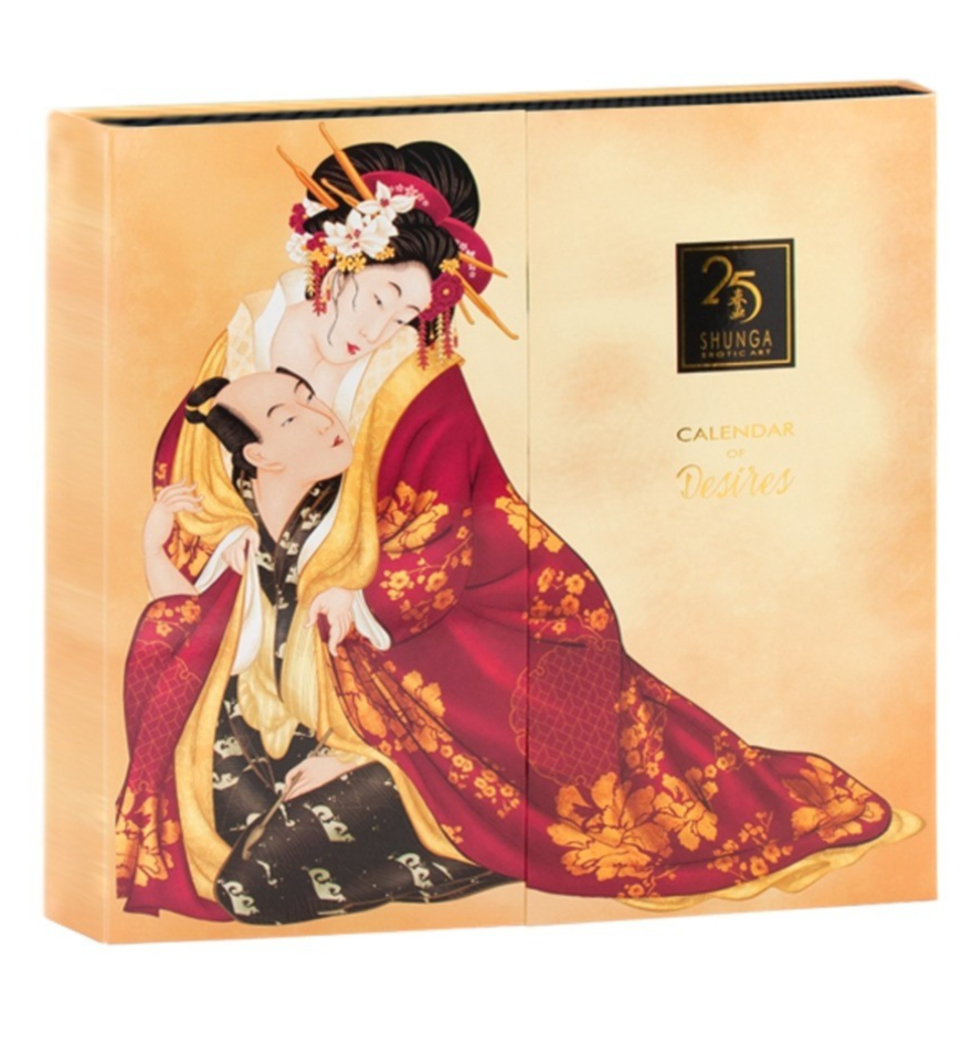 Shunga calendar with artistic depiction of two people in traditional attire on a beige background.