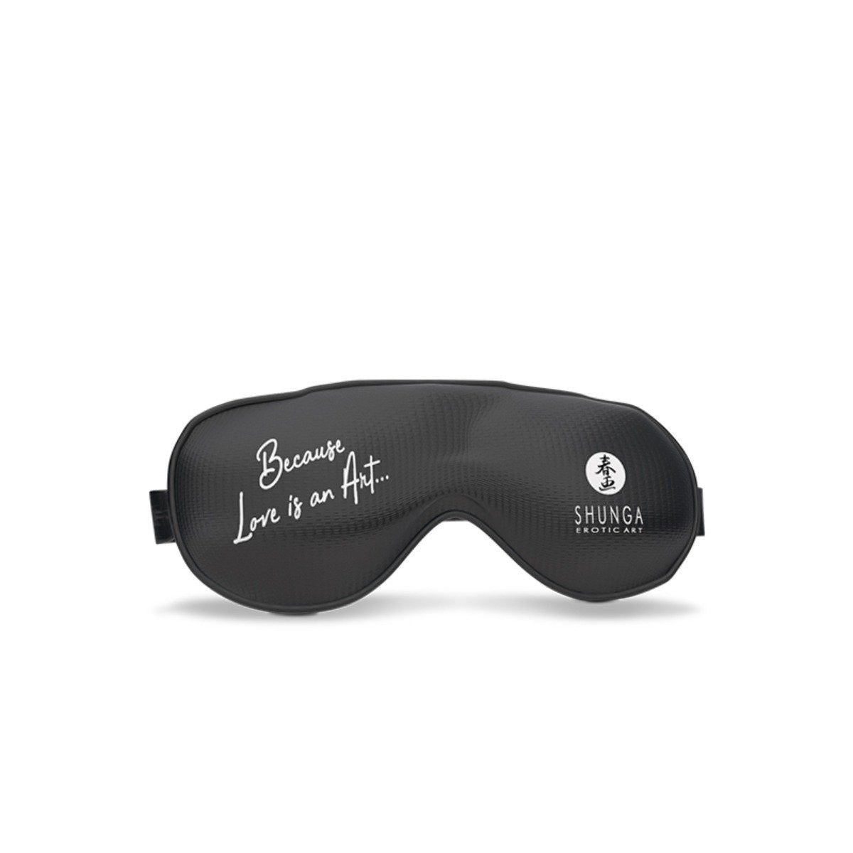 Black sleep mask with 'Because Love is an Art' text and Shunga logo on a white background