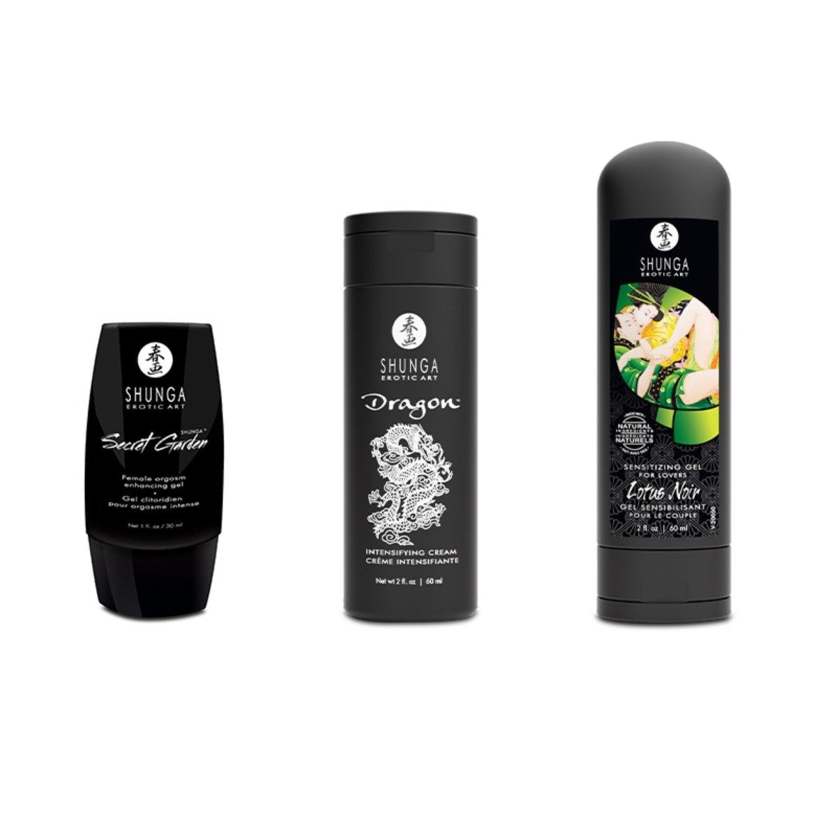 Three Shunga product bottles on a white background