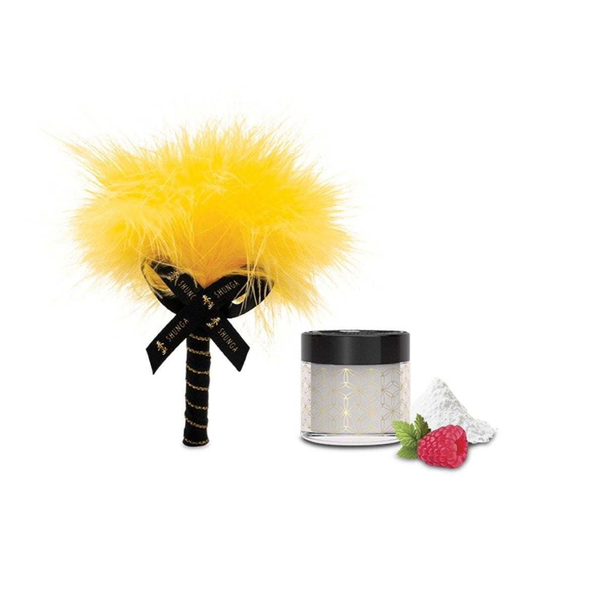 Yellow feathered product with black ribbon, small container, and raspberry on a white background