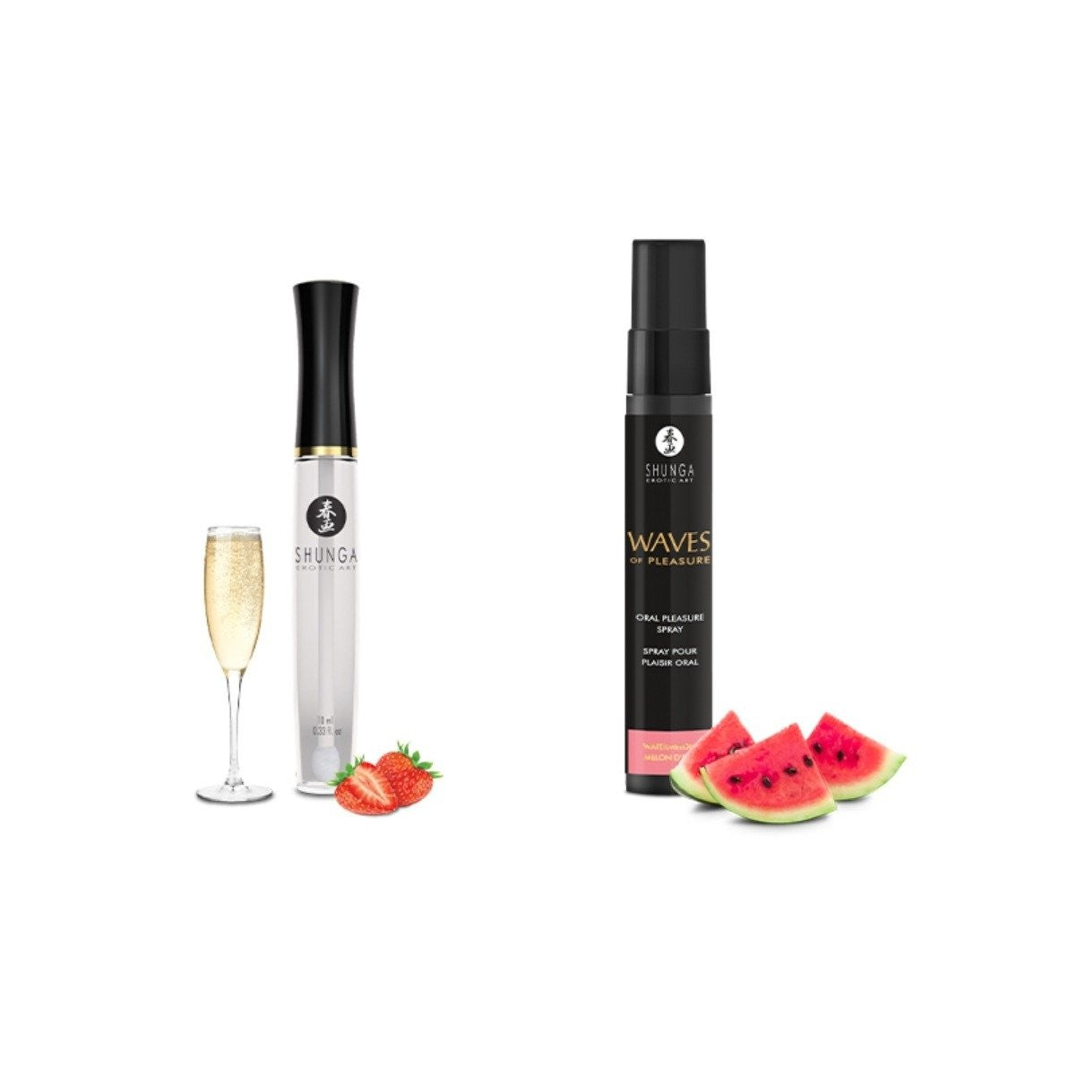 Two Shunga products with a glass of champagne, strawberries, and watermelon slices on a white background.