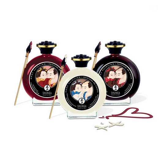 Shunga product set with three bottles and accessories on a white background