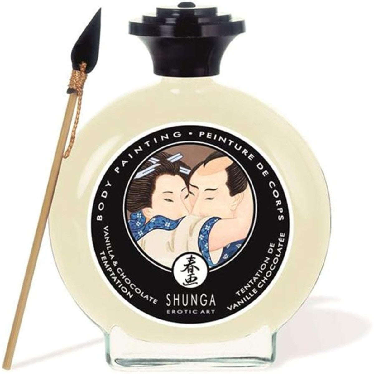 Shunga body painting container with artistic design on a white background